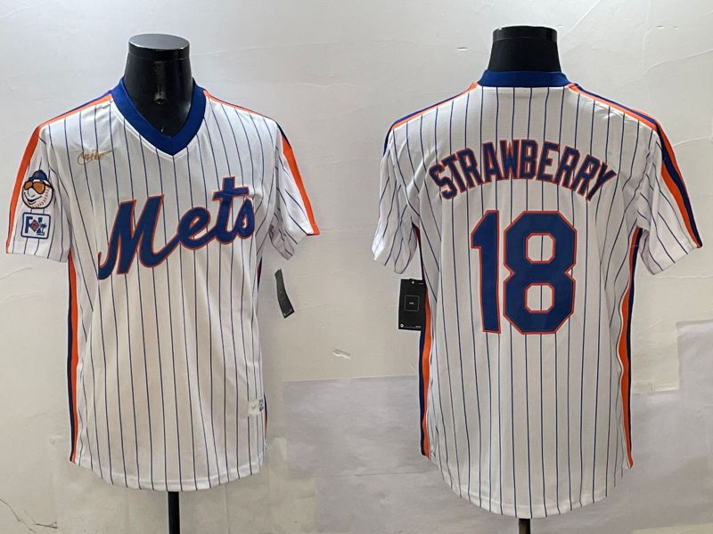 Men New York Mets 18 Strawberry White Stripe Throwback Game Fashion 2025 Nike MLB Jersey style 4
